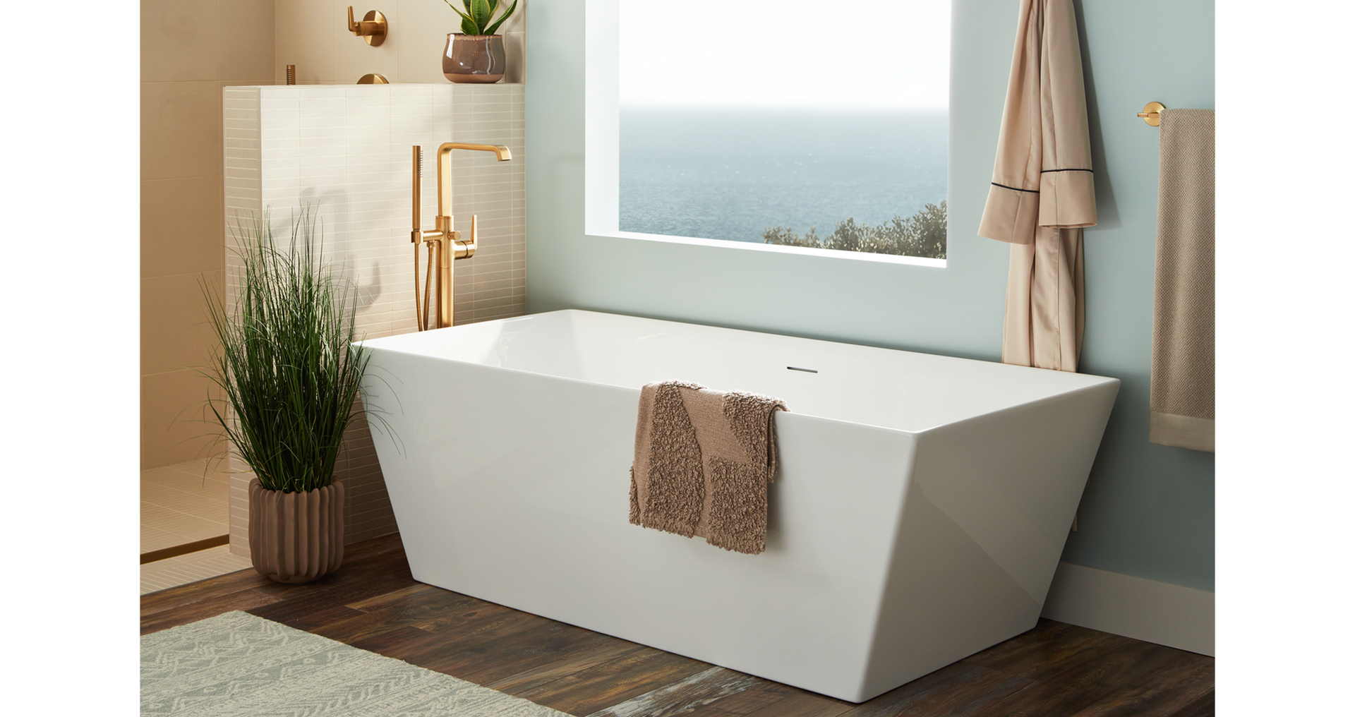 67" Hibiscus Rectangular Acrylic Freestanding Tub, Drea Freestanding Tub Faucet in Brushed Gold