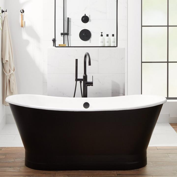 67" Kateryn Bateau Cast Iron Skirted Tub in Black, Lentz Freestanding Tub Faucet in Matte Black