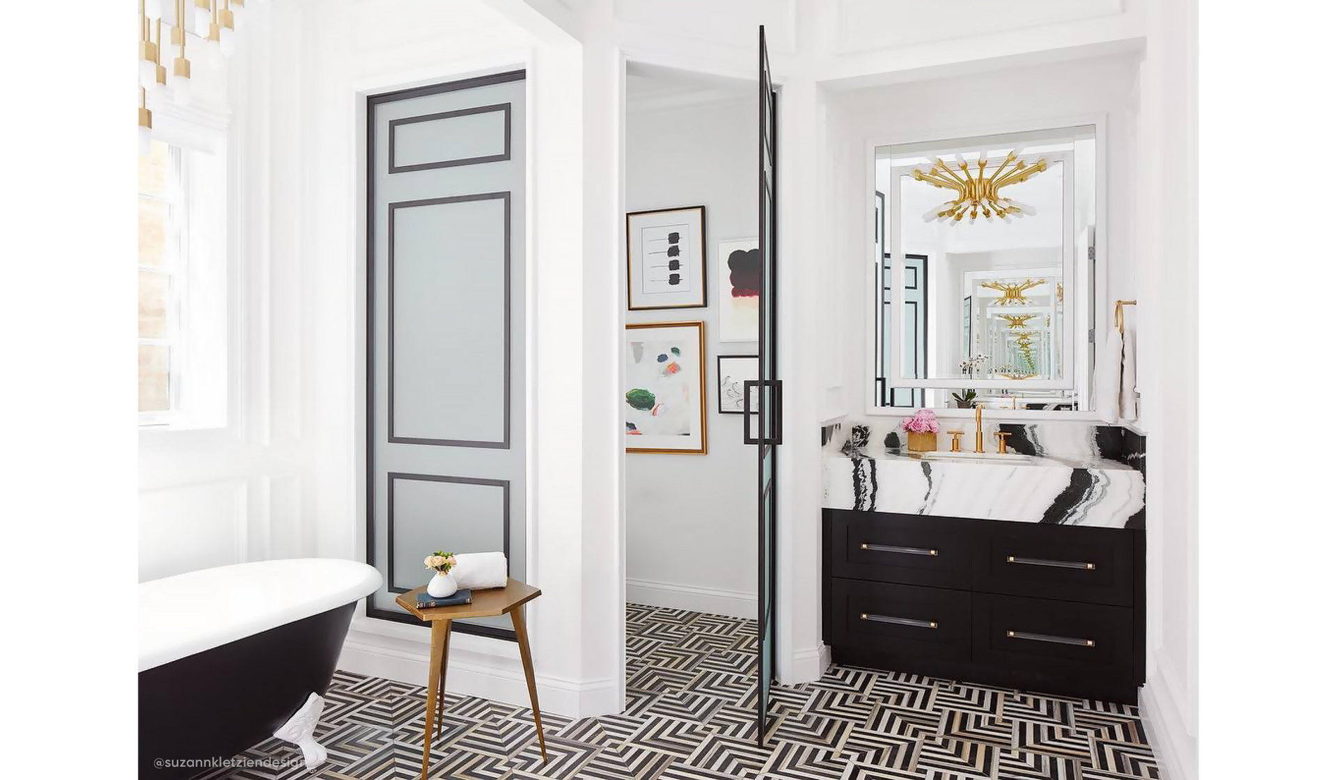 Art deco style bathroom with 66" Sanford Black Cast Iron Clawfoot Tub with White Imperial Feet