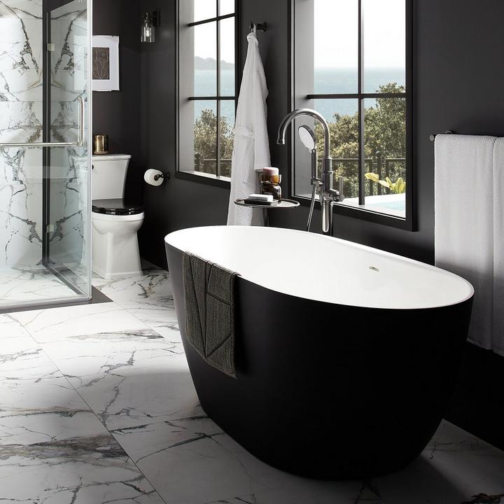 59" Catino Freestanding Tub with Matte White Interior & Matte Black Exterior, Greyfield Freestanding Tub Faucet in Gunmetal