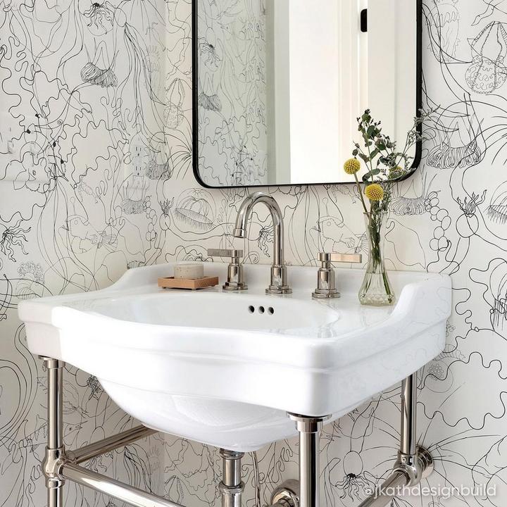 Art deco bathroom with the 24" Cierra Console Sink with Brass Stand in Polished Nickel, Greyfield Widespread Faucet in Chrome