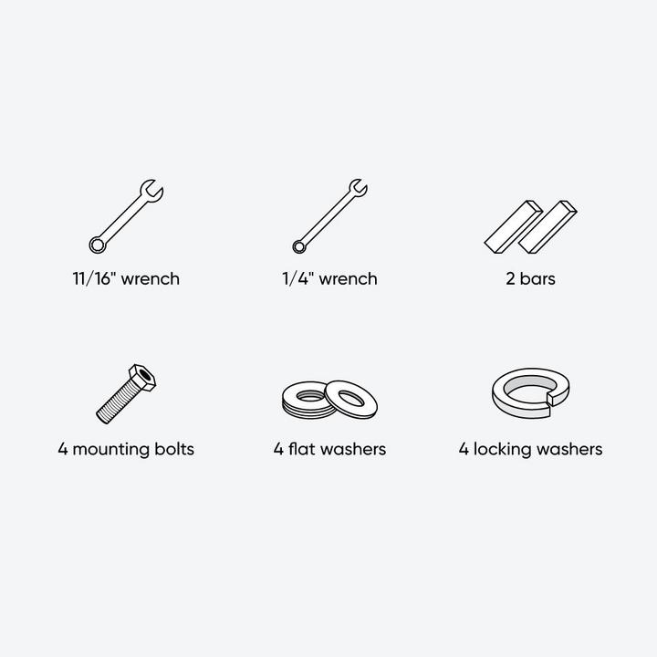 Tools & materials to attach feet to an acrylic clawfoot tub - 11/16" wrench, 1/4" wrench, 2 bars, 4 mounting bolts, 4 washers