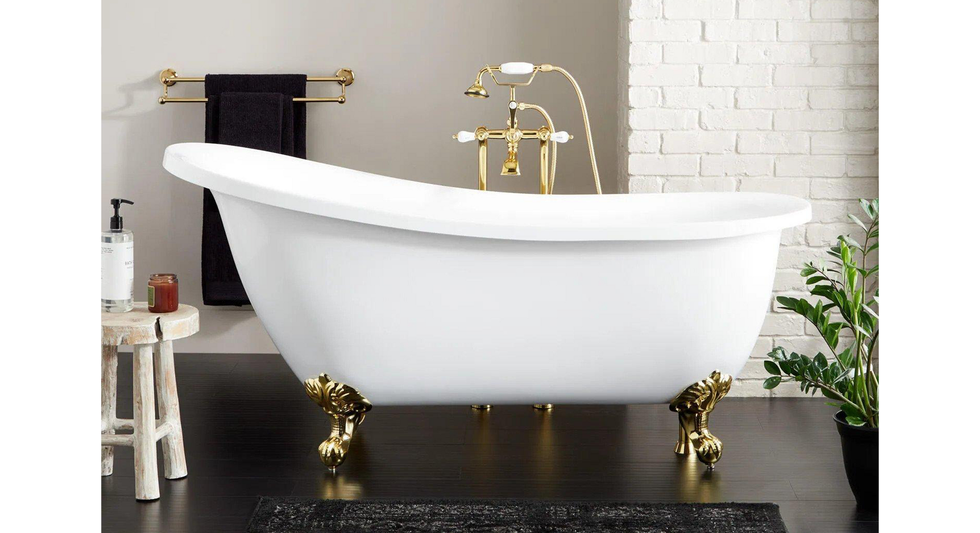 61" Ultra Acrylic Slipper Clawfoot Tub with Polished Brass Clawfoot Feet