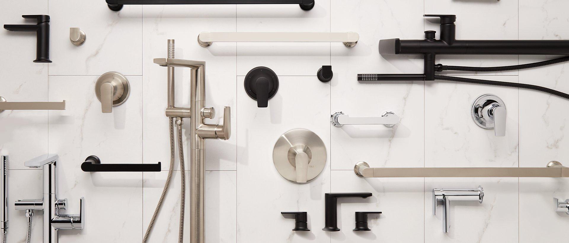 flat lay of various bathroom hardware