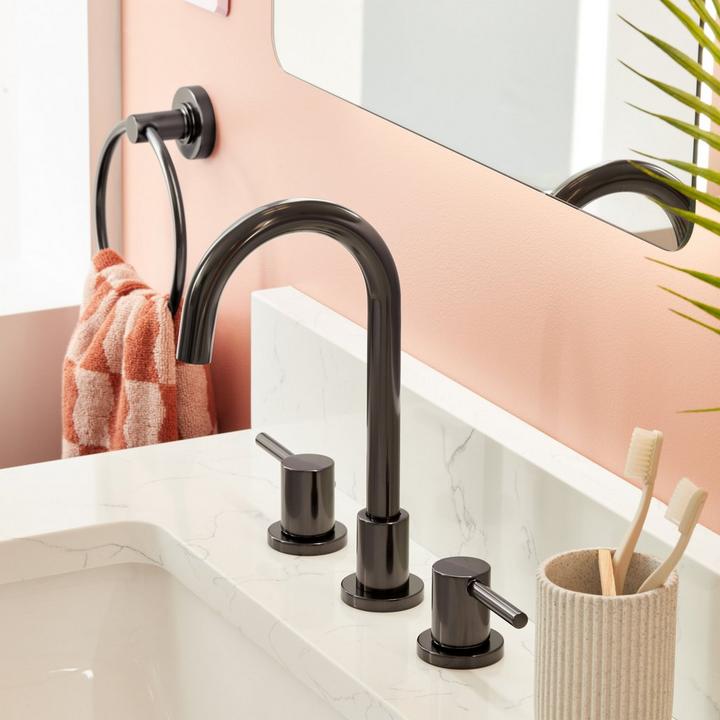 Lexia Widespread Gooseneck Bathroom Faucet, Towel Ring in Gunmetal