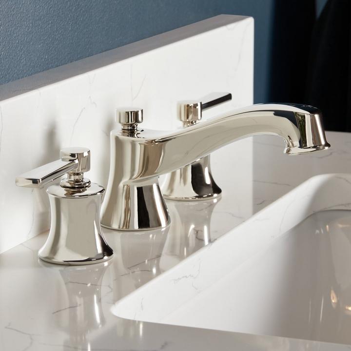 Pendleton Widespread Bathroom Faucet in Polished Nickel , 30" Elmdale Vanity in Bright White