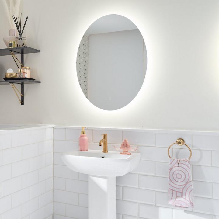 Fahlman Oval Lighted Mirror with Tunable LED, Lentz Single-Hole Bathroom Faucet and Towel Ring in Brushed Gold