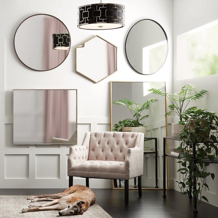 Amyr Oval Decorative Vanity Mirror in Gloss Black, Carpini Square Mirror in Nickel, Sauma Hexagonal Mirror in Antique Brass