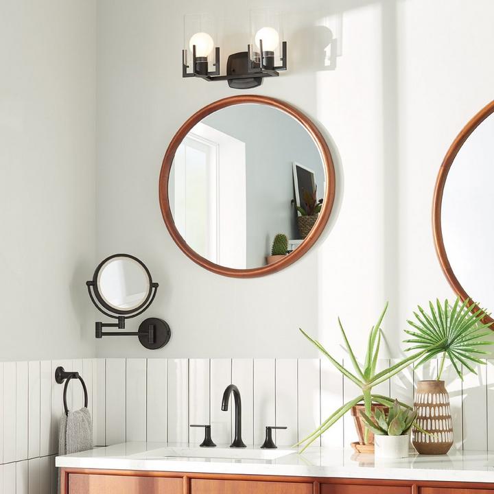 Novak Round Teak Vanity Mirror in Teak, Ramana Magnifying Double-Sided Wall-Mount Makeup Mirror in Satin Black