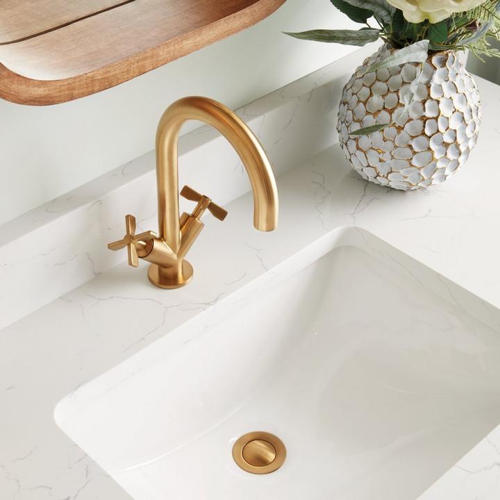 Extended Press Type Pop-Up Bathroom Sink Drain , Vassor Single-Hold Bathroom Faucet in Brushed Gold