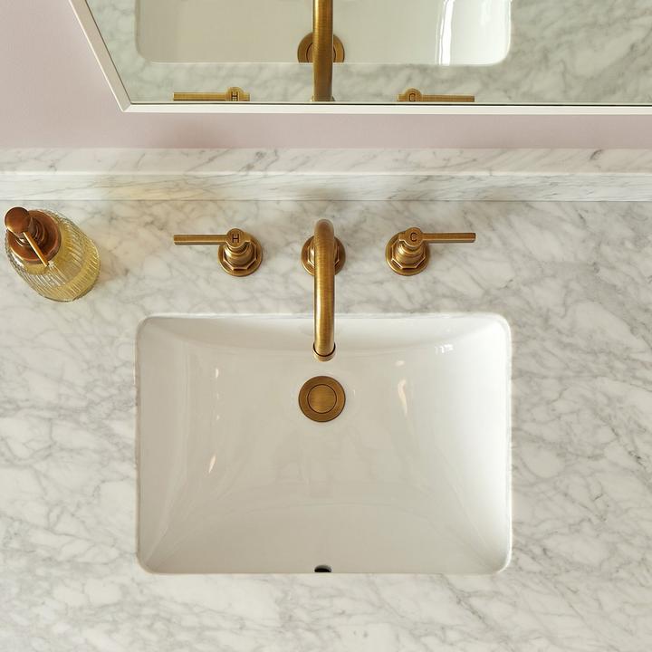 Extended Press Type Pop-Up Bathroom Sink Drain with overflow in Brushed Gold, Greyfield Widespread Bathroom Faucet in Aged Brass