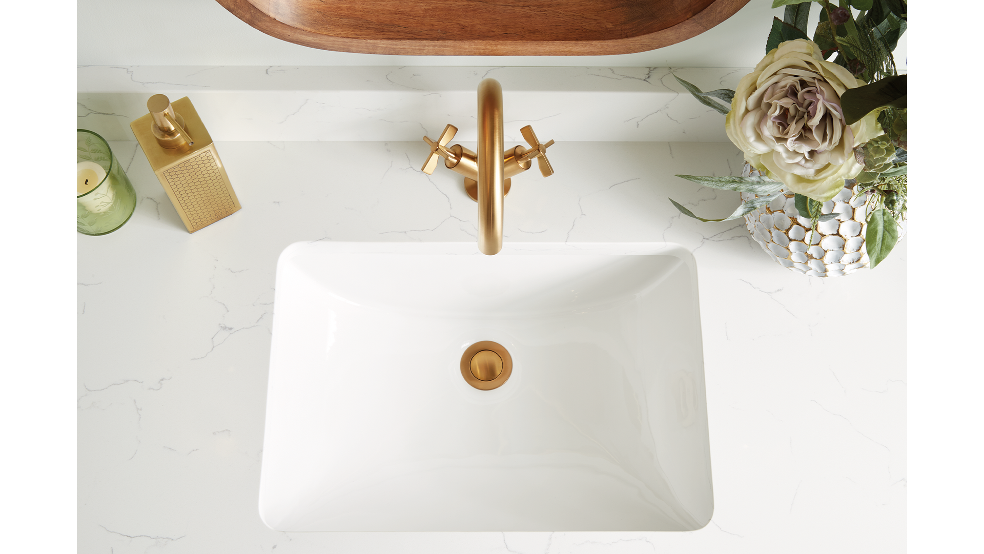 21" Myers White Rectangular Porcelain Undermount Bathroom Sink, Vassor Single-Hole Bathroom Faucet in Brushed Gold