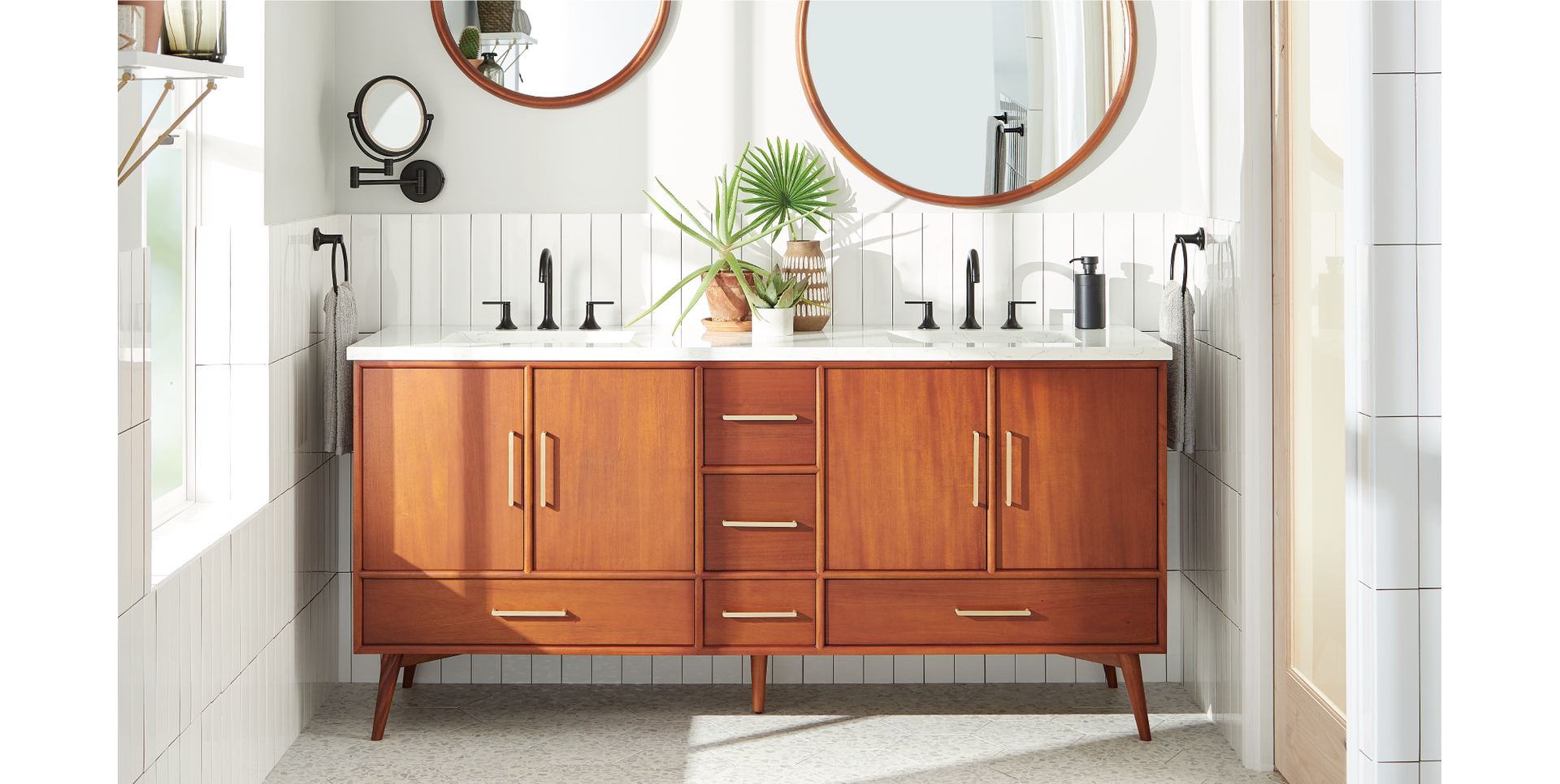 72" Novak Double Teak Vanity in Natural Teak, Lentz Widespread  Faucet, Towel Ring, Ramana Magnifying Makeup Mirror in Black