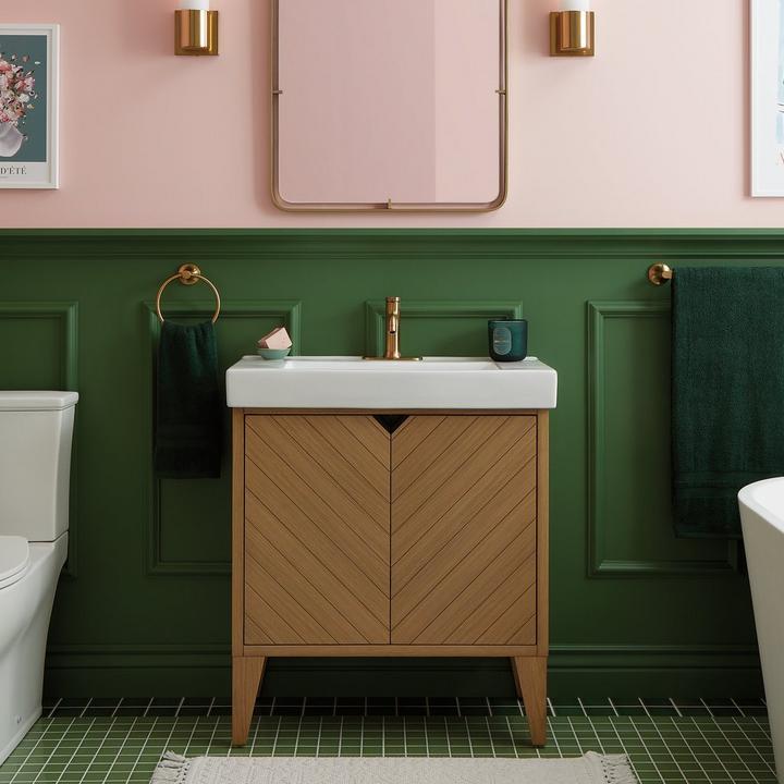 30" Fircrest Vanity with Integral Sink in Sandy Oak, Lentz Single-Hole Faucet, Towel Ring, Towel Bar in Brushed Gold