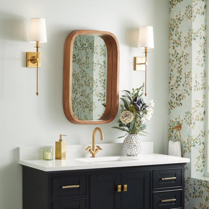 Bohemian style bathroom with the Acrewood Oval Wood Vanity Mirror in Natural Mango Wood, Calera Wall Sconce in Brushed Gold