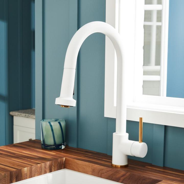 Ridgeway Pull-Down Two-Tone Kitchen Faucet in Brushed Gold and Matte White for mixed metals in kitchen