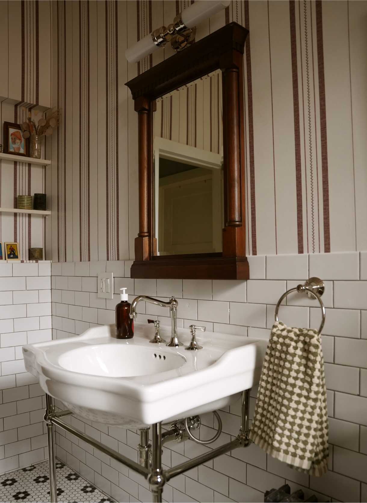 Claudia Vanity Mirror - Antique Coffee, Cierra Console Sink, Marceau Bathroom Collection in Polished Nickel