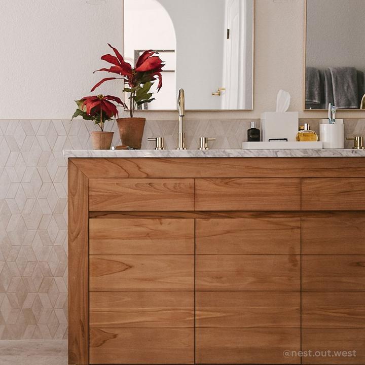 Bathroom of Cait Pappas featuring the Rotunda Widespread Faucet in Polished Brass, 70" Bastian Teak Vanity in Natural Teak