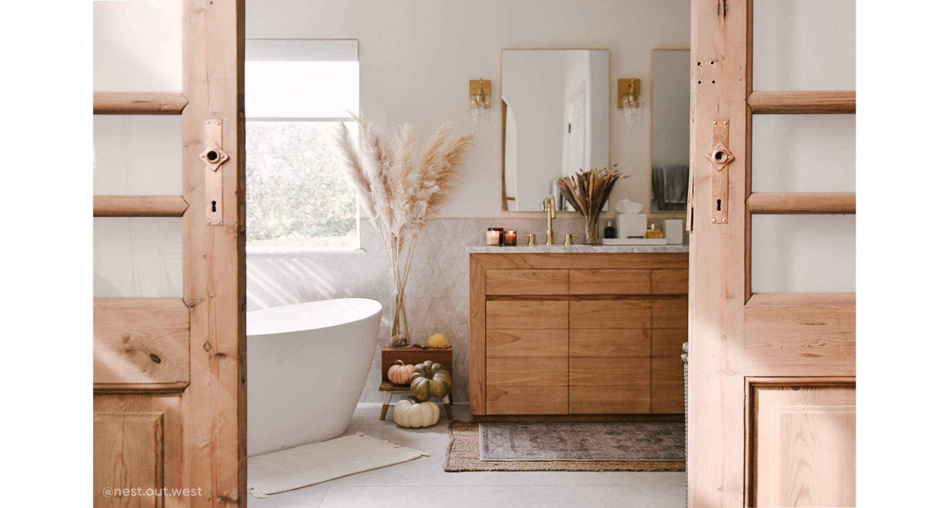 Rotunda Widespread Faucet in Polished Brass, 56" Winifred Resin Freestanding Tub, 70" Bastian Teak Vanity in Natural Teak