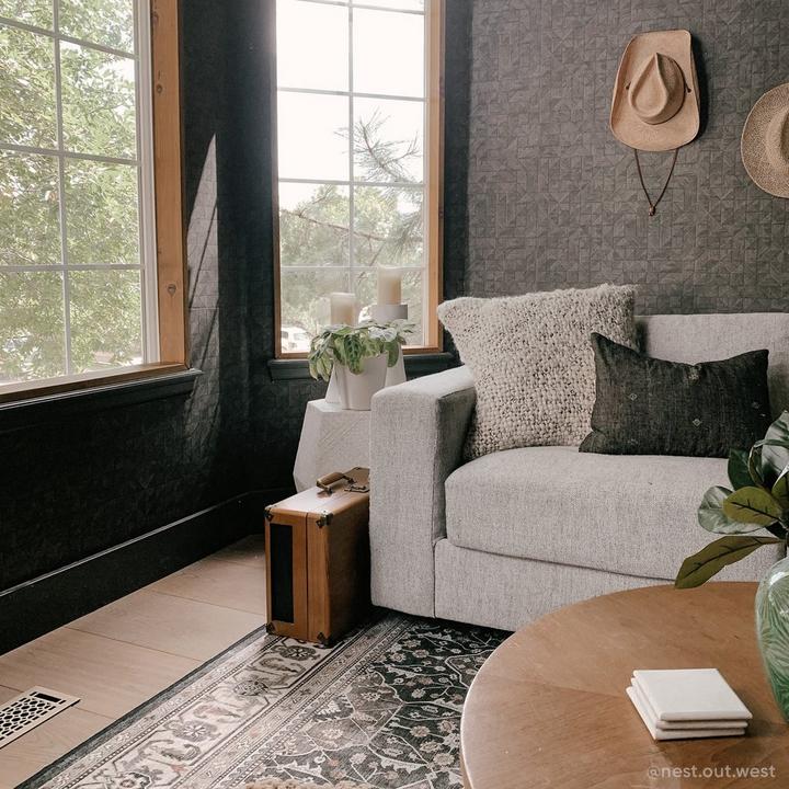 Living room of Cait Pappas featuring the Honeycomb Brass Floor Register in Antique Brass