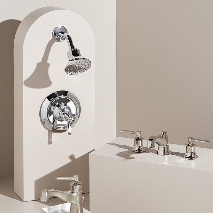 Pendleton Pressure Balance Shower System in Chrome, Widespread Faucet in Polished Nickel, Single-Hole Faucet in Brushed Nickel