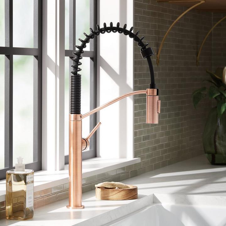 Eiler Single-Hole Kitchen Faucet with Pull-Down Spring Spout in Satin Copper  for copper care