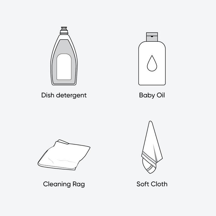 Illustration of tools & materials to clean stainless steel using method 1 - dish detergent, baby oil, cleaning rag, soft cloth