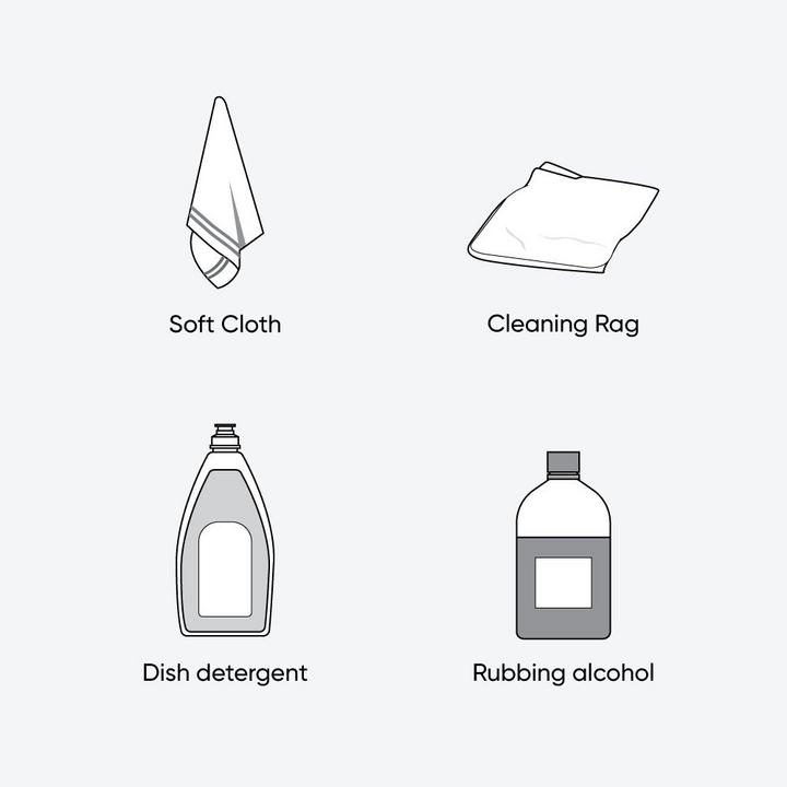 Illustration of tools & materials to clean stainless steel using method 3 - soft cloth, cleaning rag, dish detergent