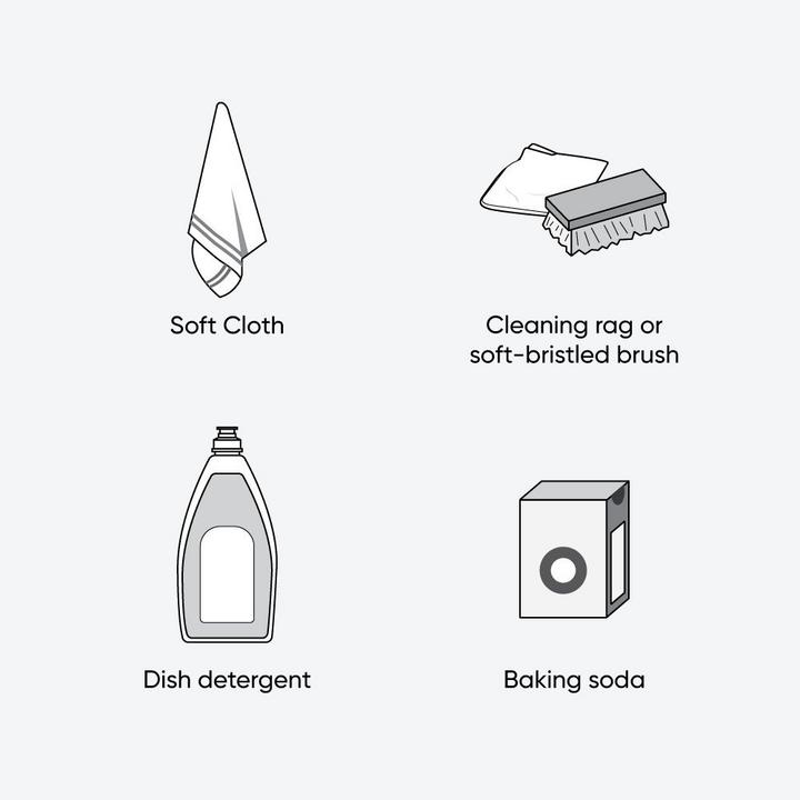 Illustration of tools & materials to clean stainless steel using method 4 - soft cloth, cleaning rag or brush, dish detergent