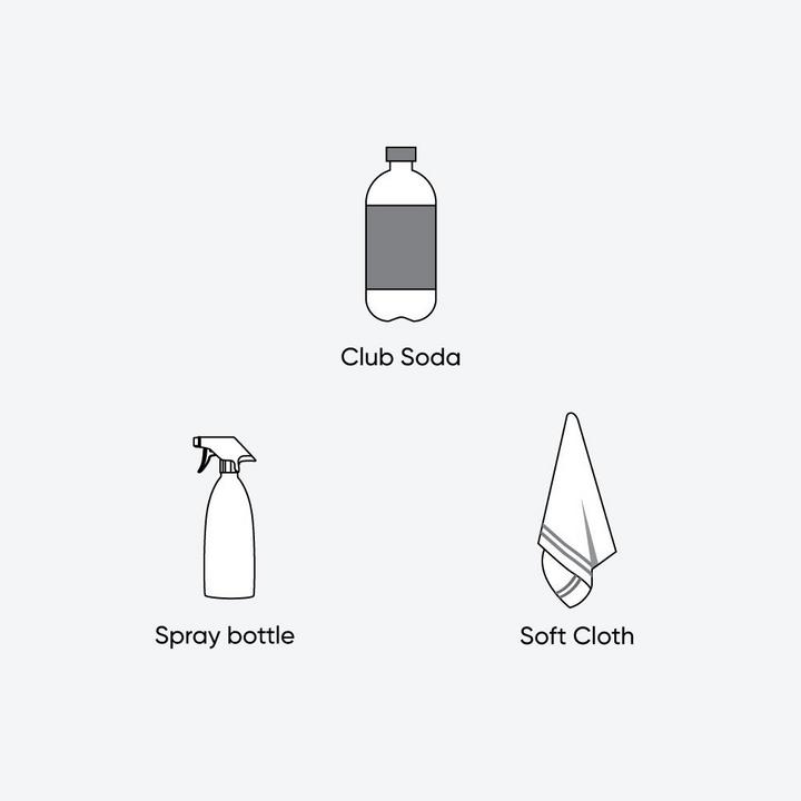 Illustration of tools & materials to clean stainless steel using method 5 - club soda, spray bottle, soft cloth