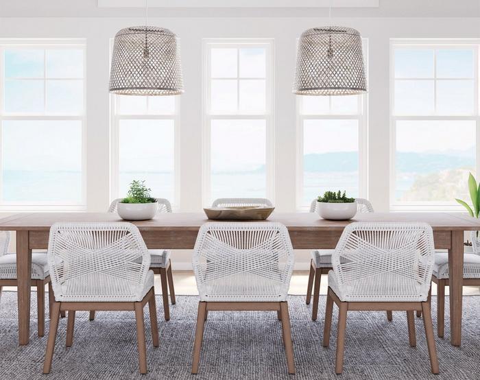 Coastal style dining room with Balido Single Light Pendant in Matte White