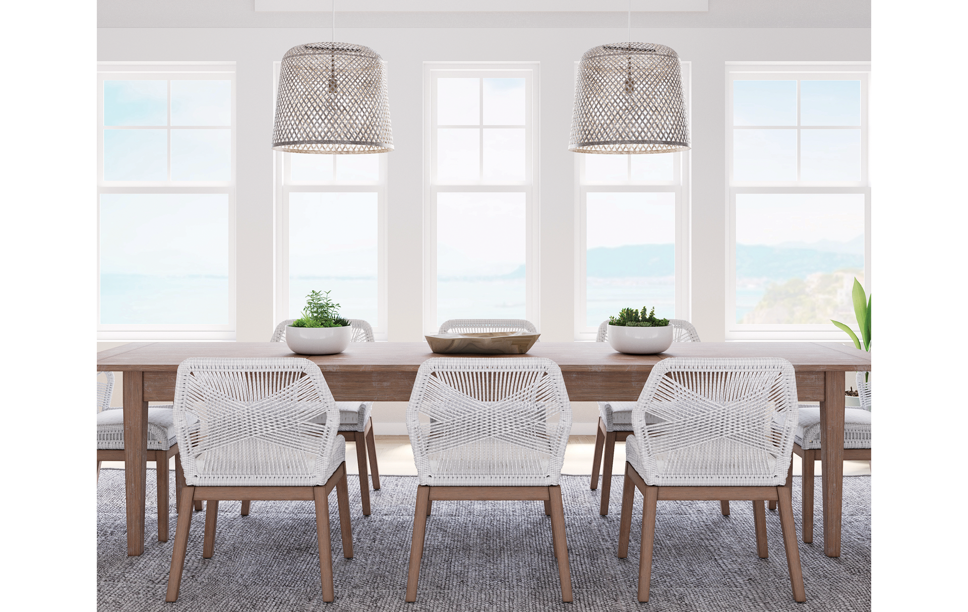 Coastal style dining room with Balido Single Light Pendant in Matte White