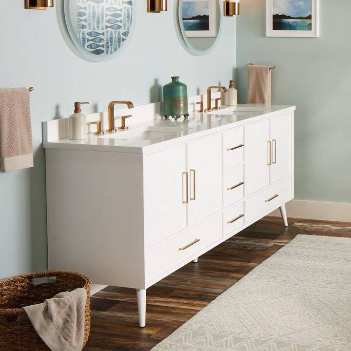60" Novak Vanity with Rectangular Undermount Sinks in Bright White, Drea Widespread Bathroom Faucet in Brushed Gold