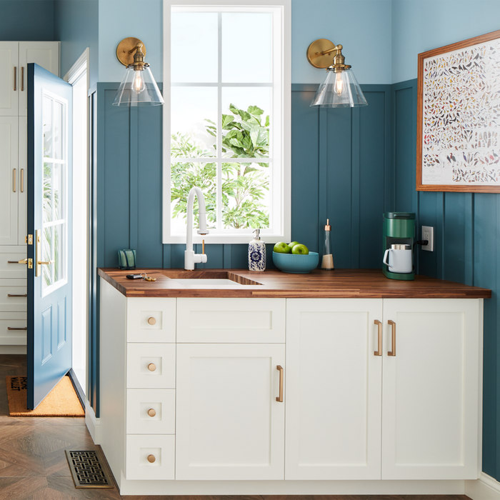 Ridgeway Kitchen Faucet - Brushed Gold/Matte White, Bauman Cabinet Pulls & Knobs - Champagne Bronze, Barwell Sconce - Aged Brass