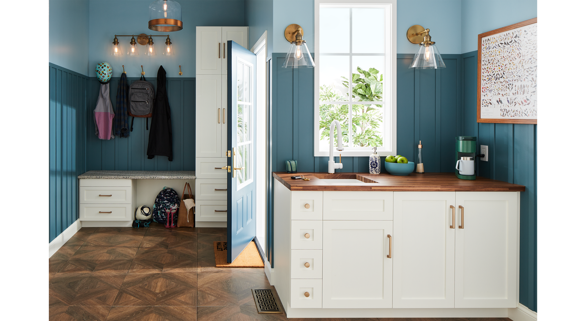 Ridgeway Kitchen Faucet - Brushed Gold/Matte White, Bauman Cabinet Pulls & Knobs - Champagne Bronze, Barwell Sconce - Aged Brass