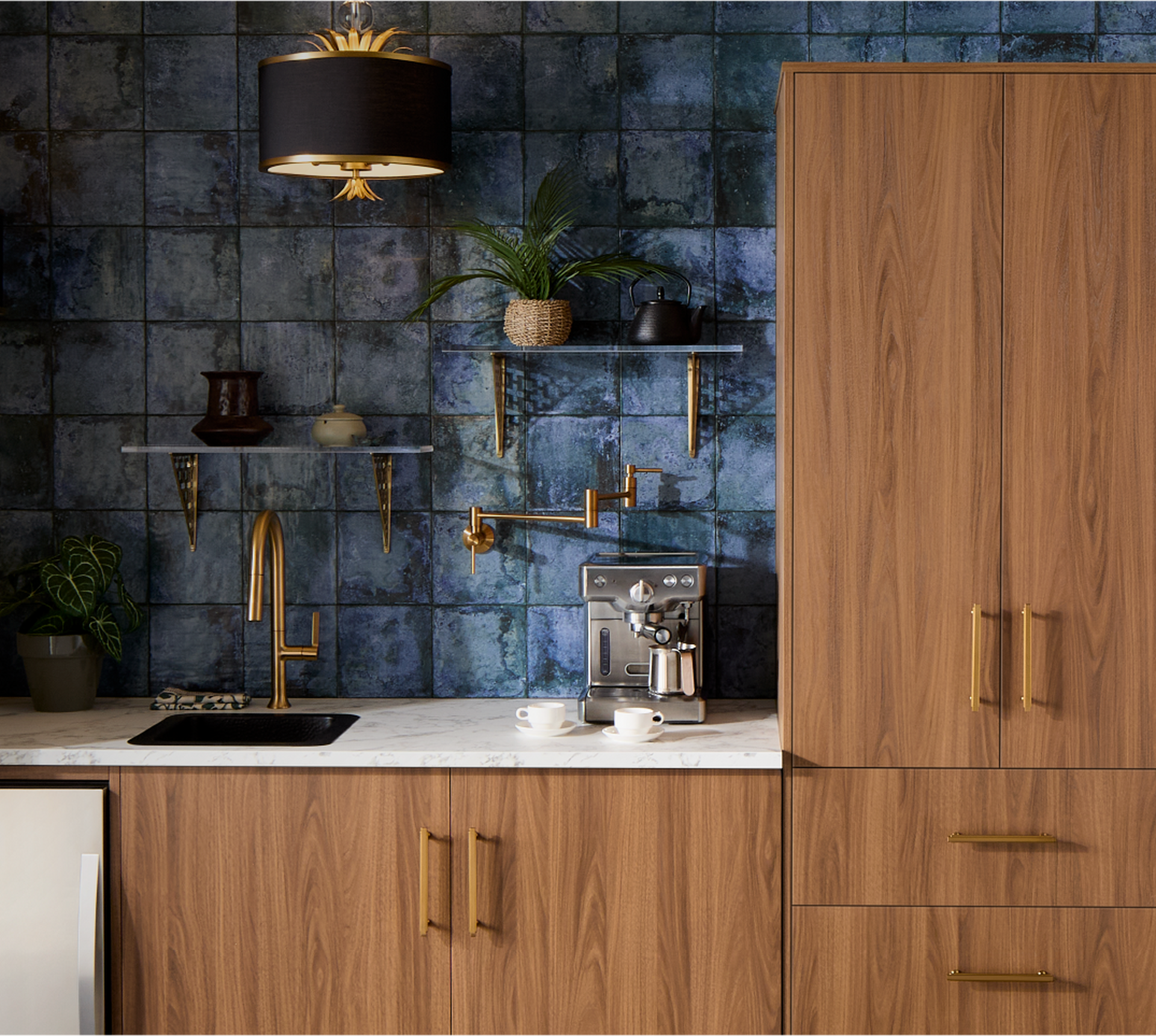 Bok Kitchen Faucet in Brushed Gold, Modern Pot Filler, Gilderoy Cabinet Pull, Durand Shelf Bracket