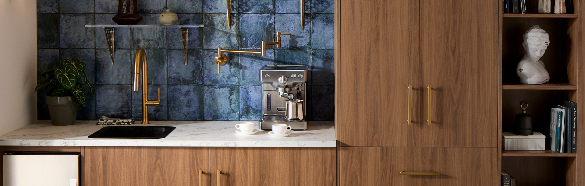 Bok Kitchen Faucet in Brushed Gold, Modern Pot Filler, Gilderoy Cabinet Pull, Durand Shelf Bracket