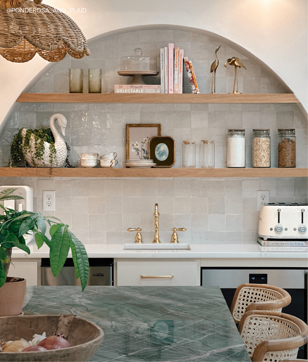 Coffee station with Victorian Widespread Faucet - Satin Brass, Amarilla Brass Cabinet Pull