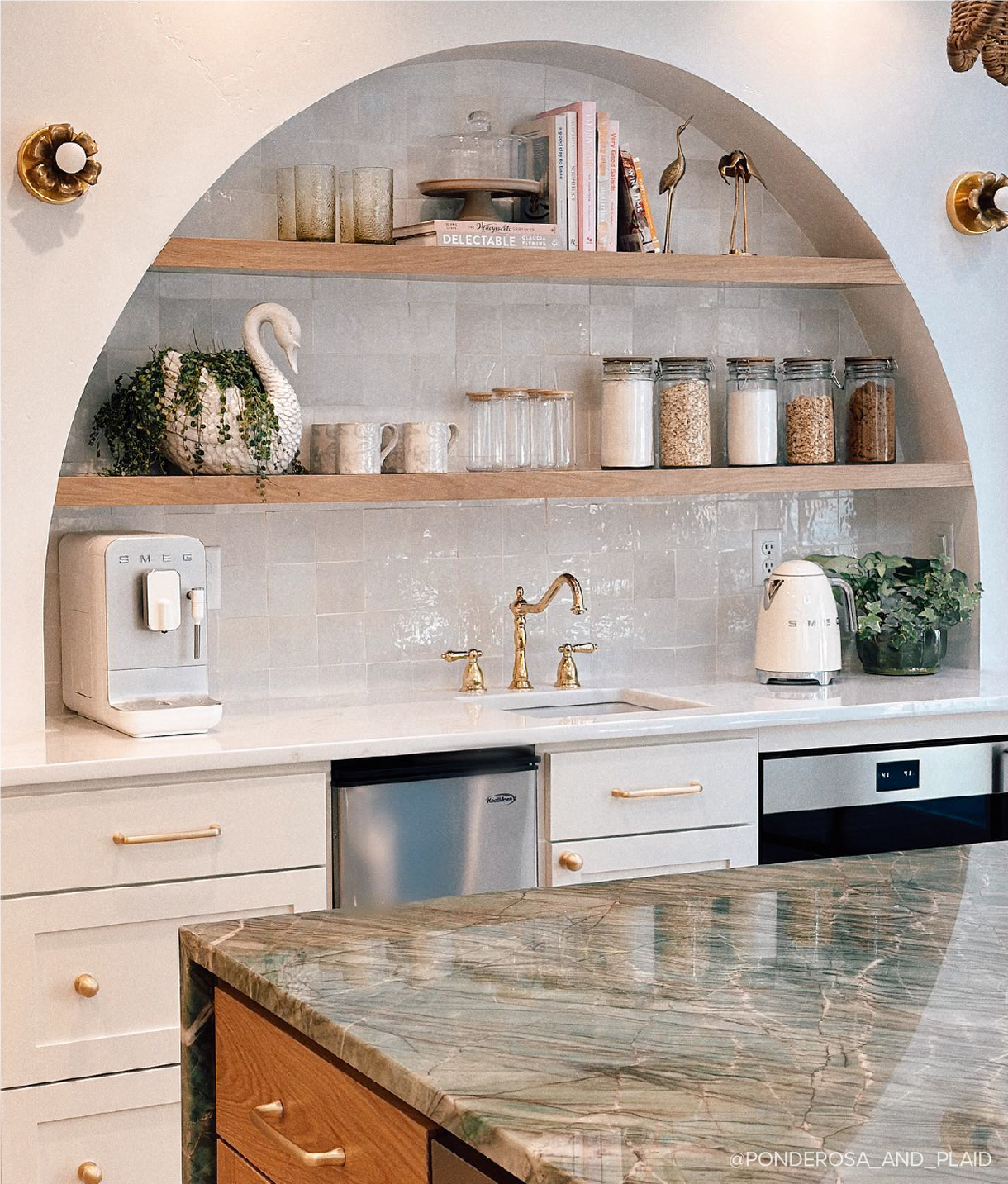 Coffee bar design with Victorian Widespread Faucet - Satin Brass, Amarilla Brass Cabinet Pull