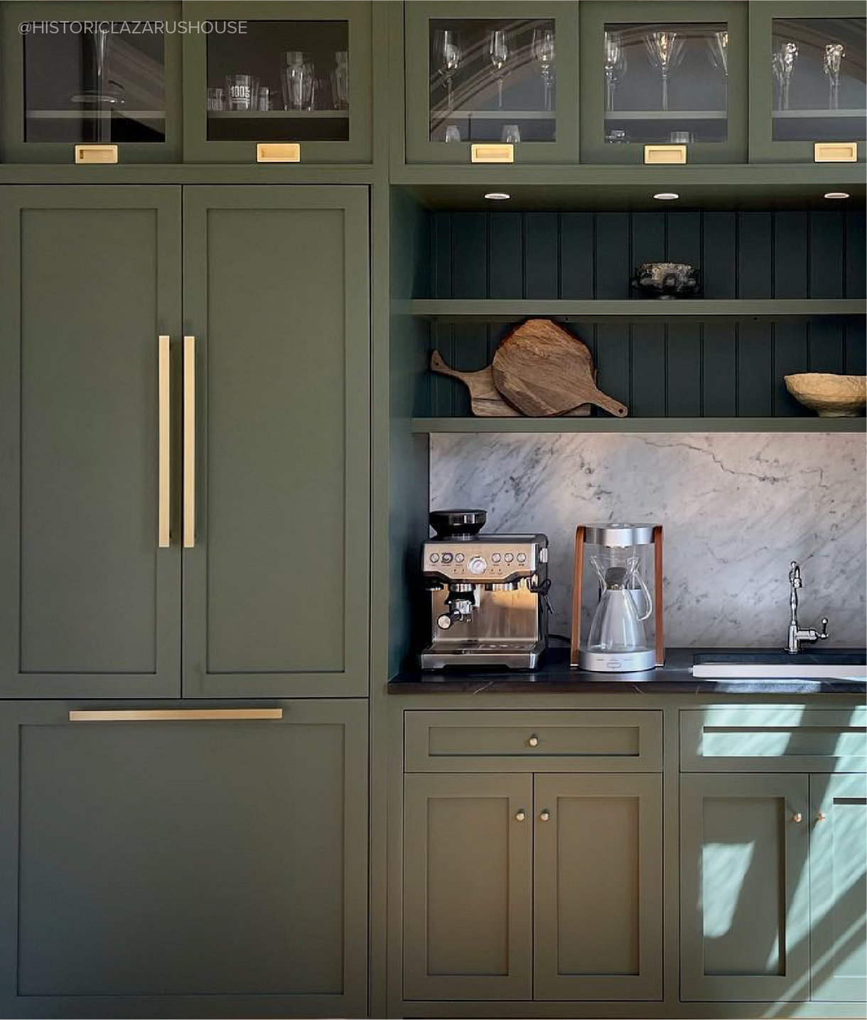 Library inspired coffee bar setup with the Grohl Hammered Brass Appliance Pull - Satin Brass, Kersey Hammered Brass Knob