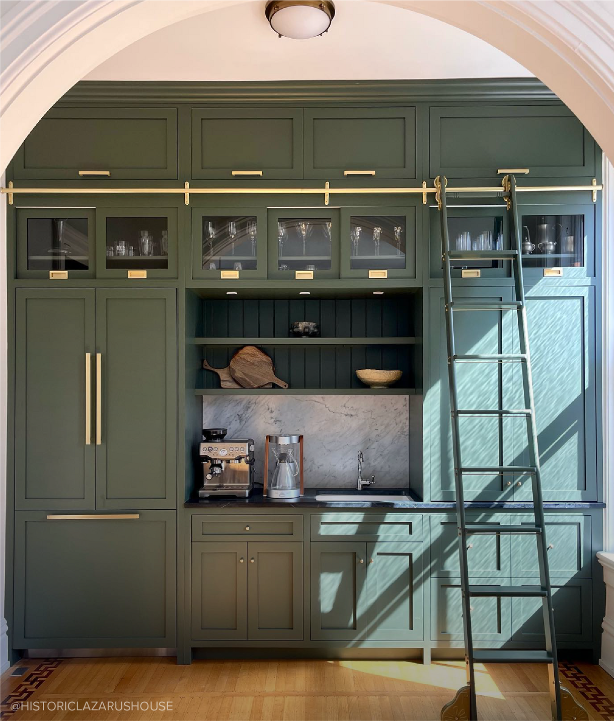 Coffee bar inspiration with the Grohl Hammered Brass Appliance Pull - Satin Brass, Kersey Hammered Brass Knob