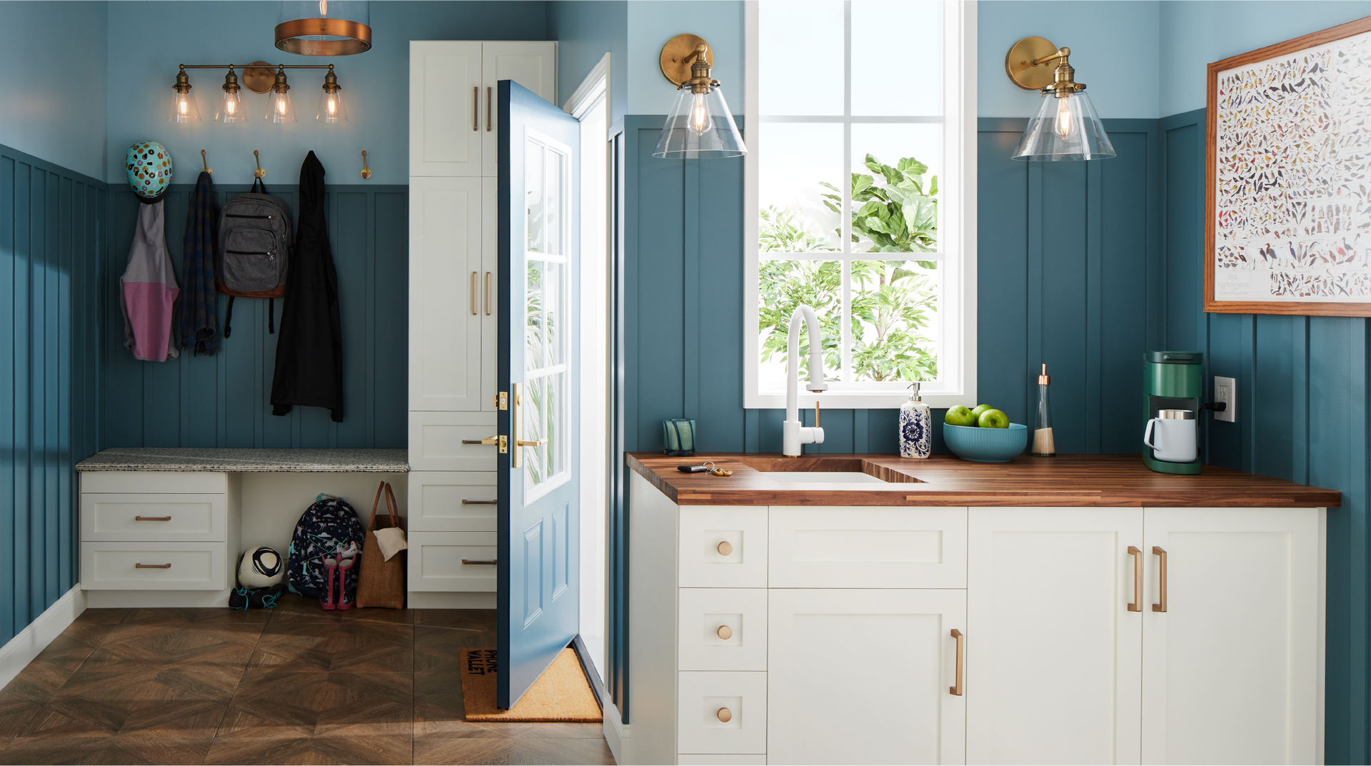 Home coffee bar entryway with the Ridgeway Two-Tone Faucet - Matte White and Brushed Gold, Bauman Cabinet Pull and Knob - Champagne Bronze