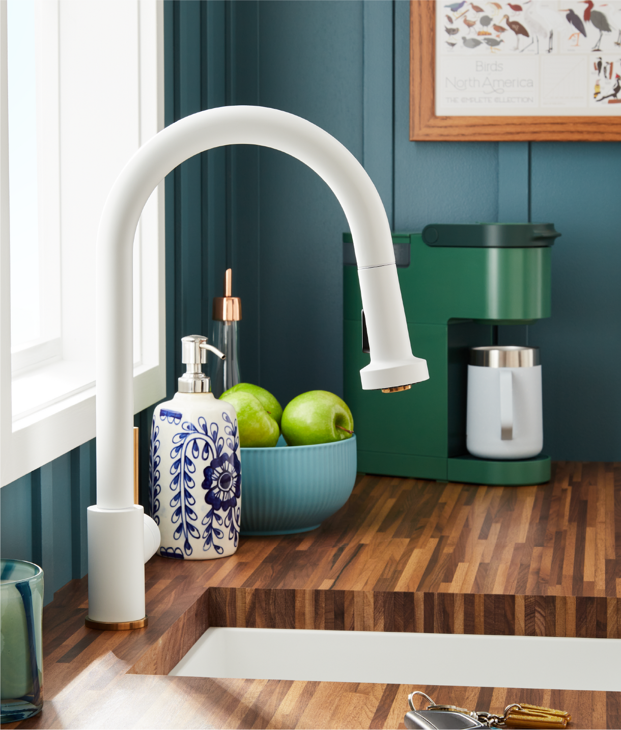 Coffee bar design with the Ridgeway Pull-Down Two-Tone Kitchen Faucet - Matte White/Brushed Gold