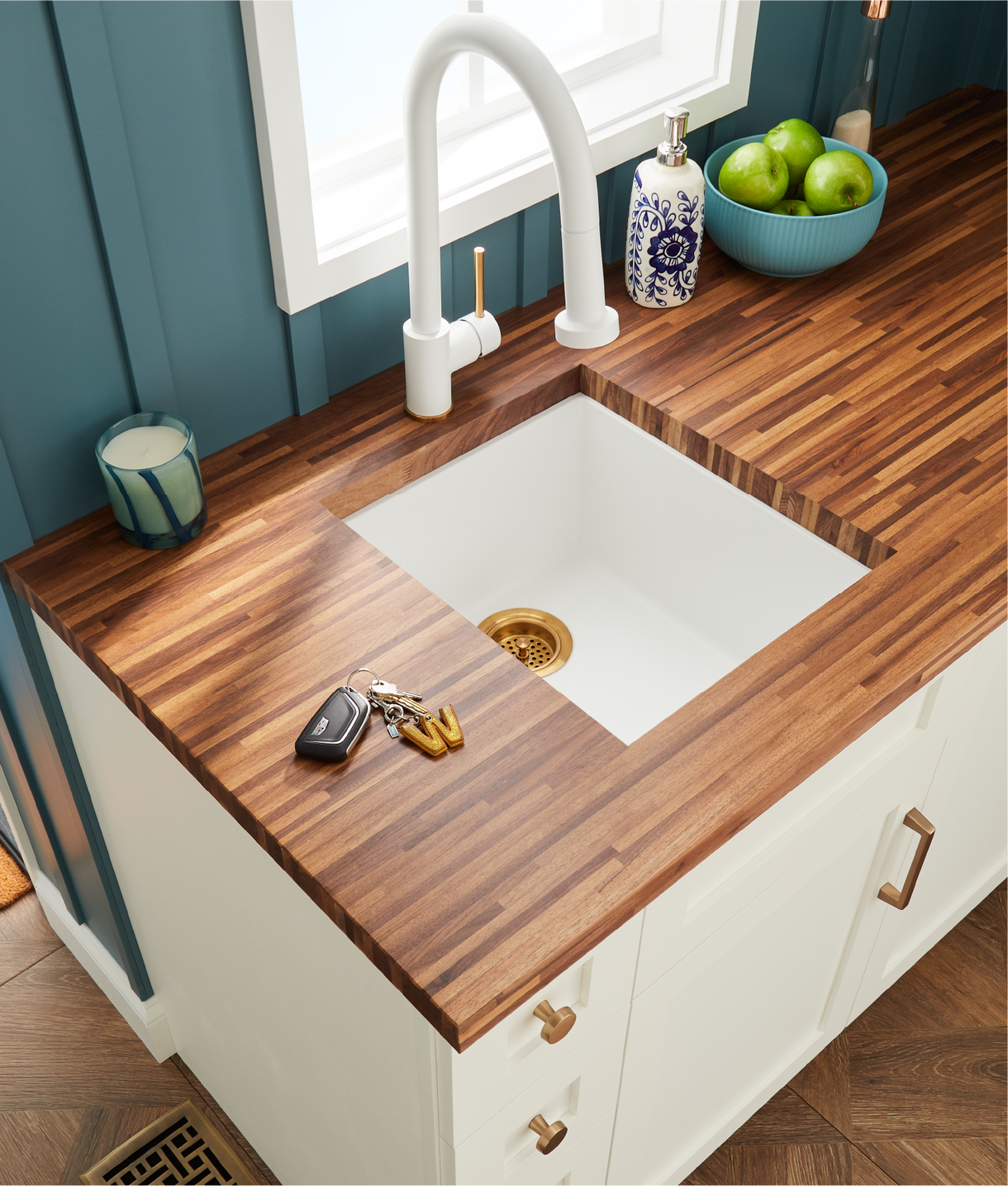Coffee bar design with Holcomb bar sink, two-tone Ridgeway Faucet - Matte White and Brushed Gold