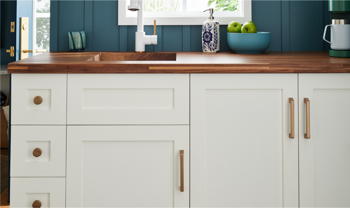 Coffee nook with Bauman Cabinet Pull and Cabinet Knob in Champagne Bronze