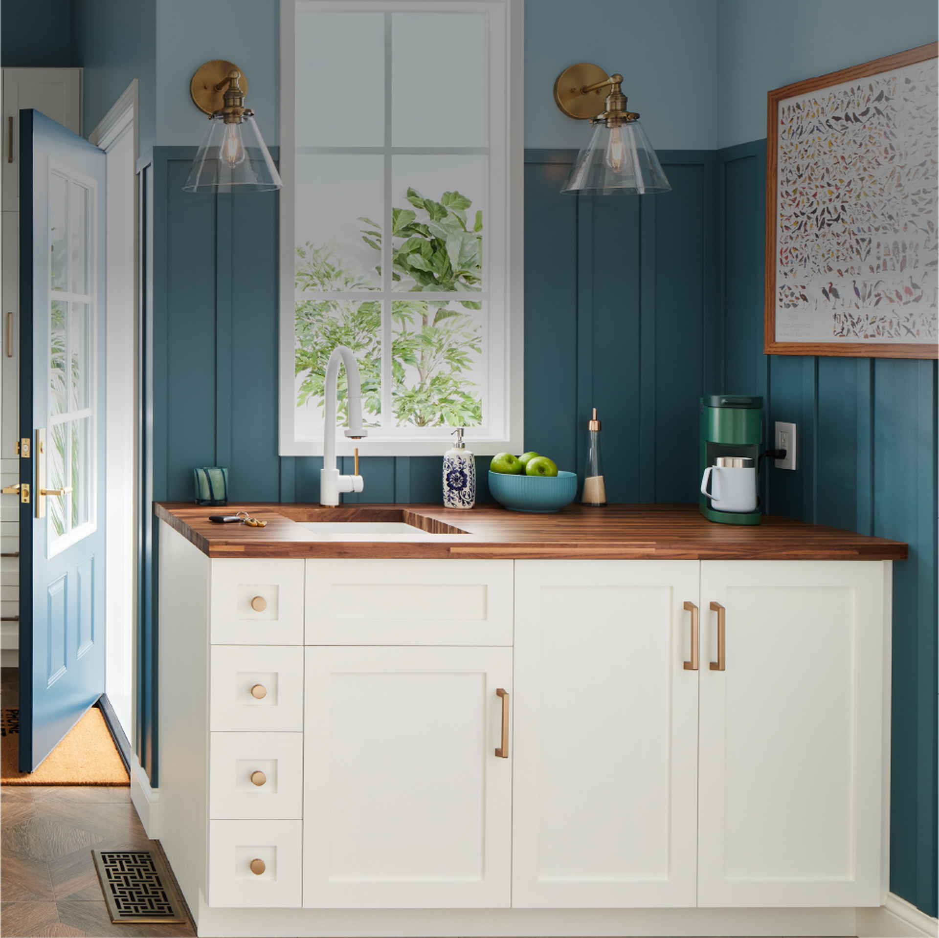 Home coffee bar entryway with the Ridgeway Two-Tone Faucet - Matte White and Brushed Gold, Bauman Cabinet Pull and Knob - Champagne Bronze