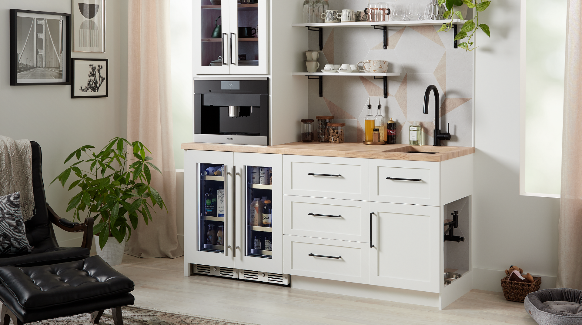 Coffee bar station cabinet with the Ravenel Bar Faucet - Matte Black, Harridge Shelf Bracket - Black Powder Coat, Lunata Brass Cabinet Pull