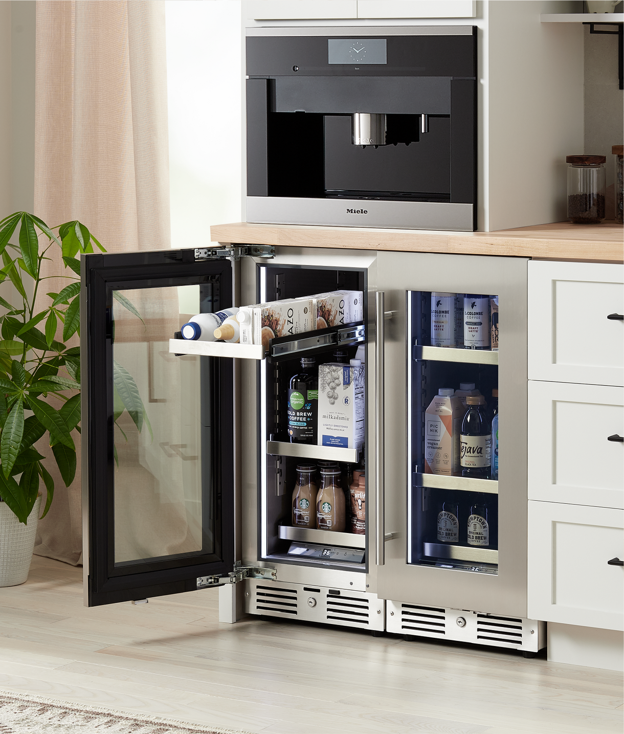 Coffee bar design fridge with the Avignon Brass Appliance Pull - Chrome