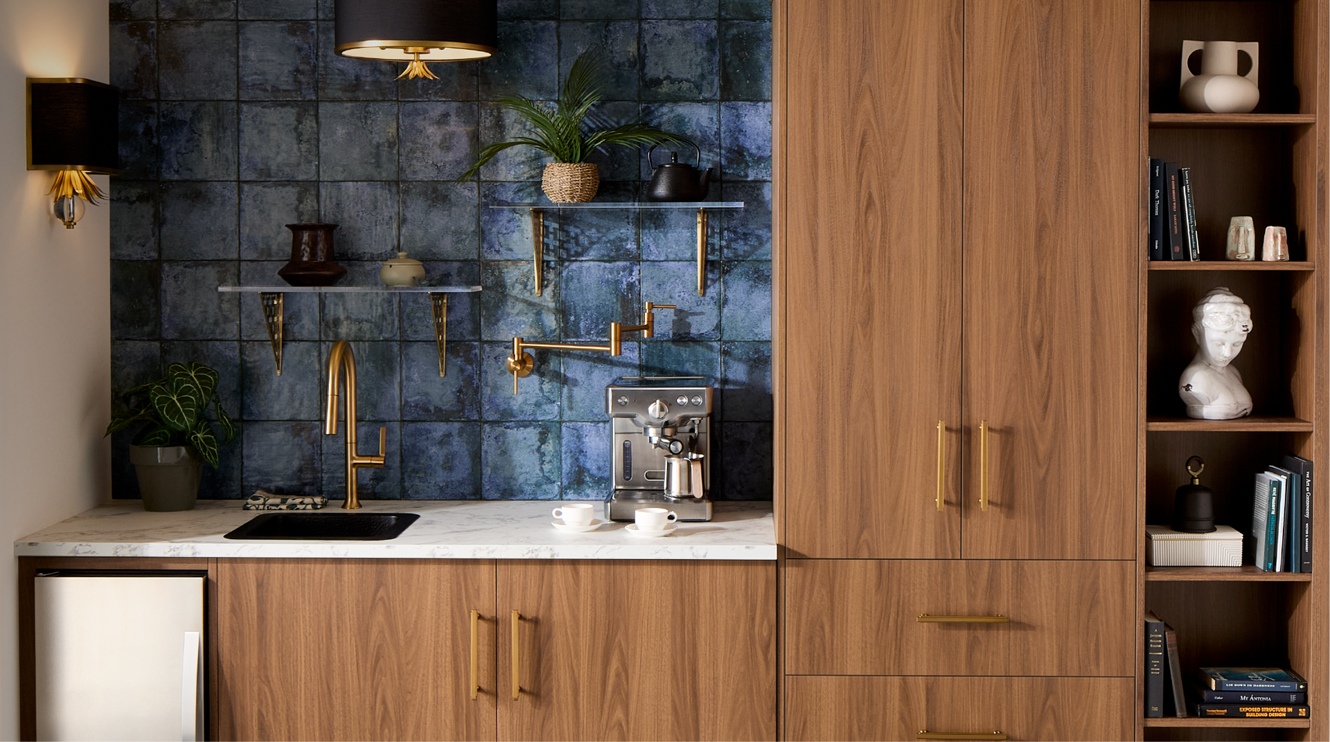 Coffee bar station cabinet with the Ravenel Bar Faucet - Matte Black, Harridge Shelf Bracket - Black Powder Coat, Lunata Brass Cabinet Pull
