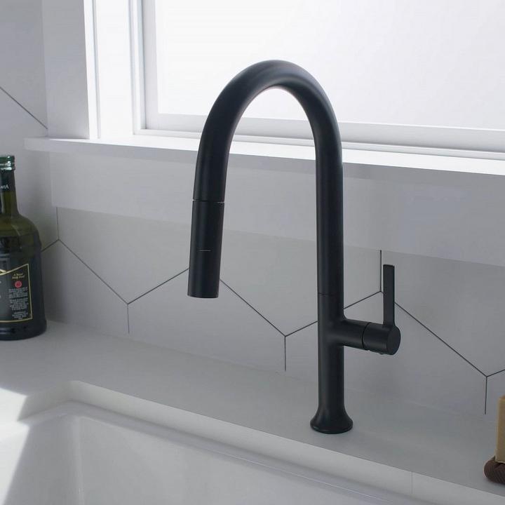 Bok Single-Hole Pull-Down Kitchen Faucet in Matte Black on a kitchen counter